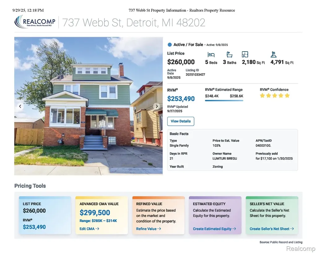 737 Webb Street Detroit City MI 48202