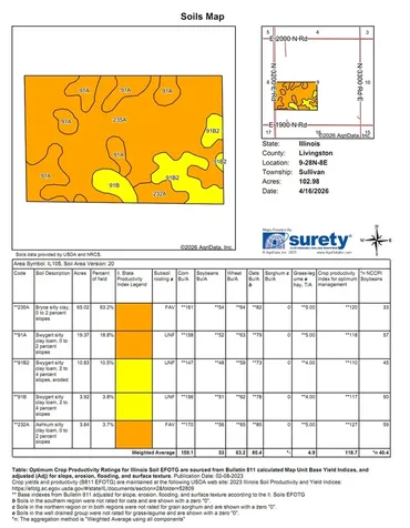 102 acres +/- East 1900 North Road Cullom IL 60929